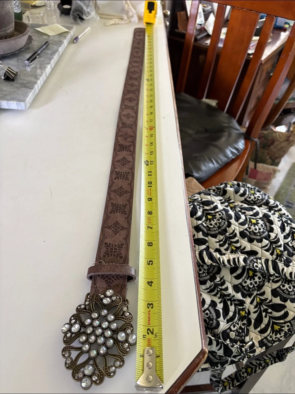 Belt  Brown faux leather /stamped motifs lightweight ornate rhinestone buckle